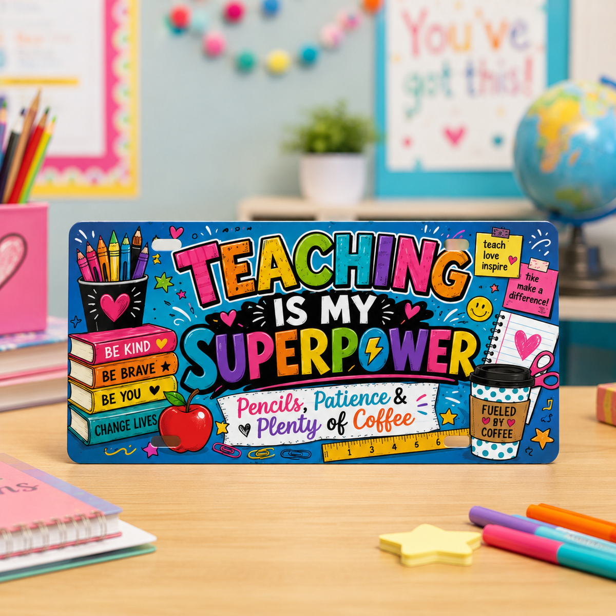 Teaching Is My Superpower teacher license plate displayed in a colorful classroom setting