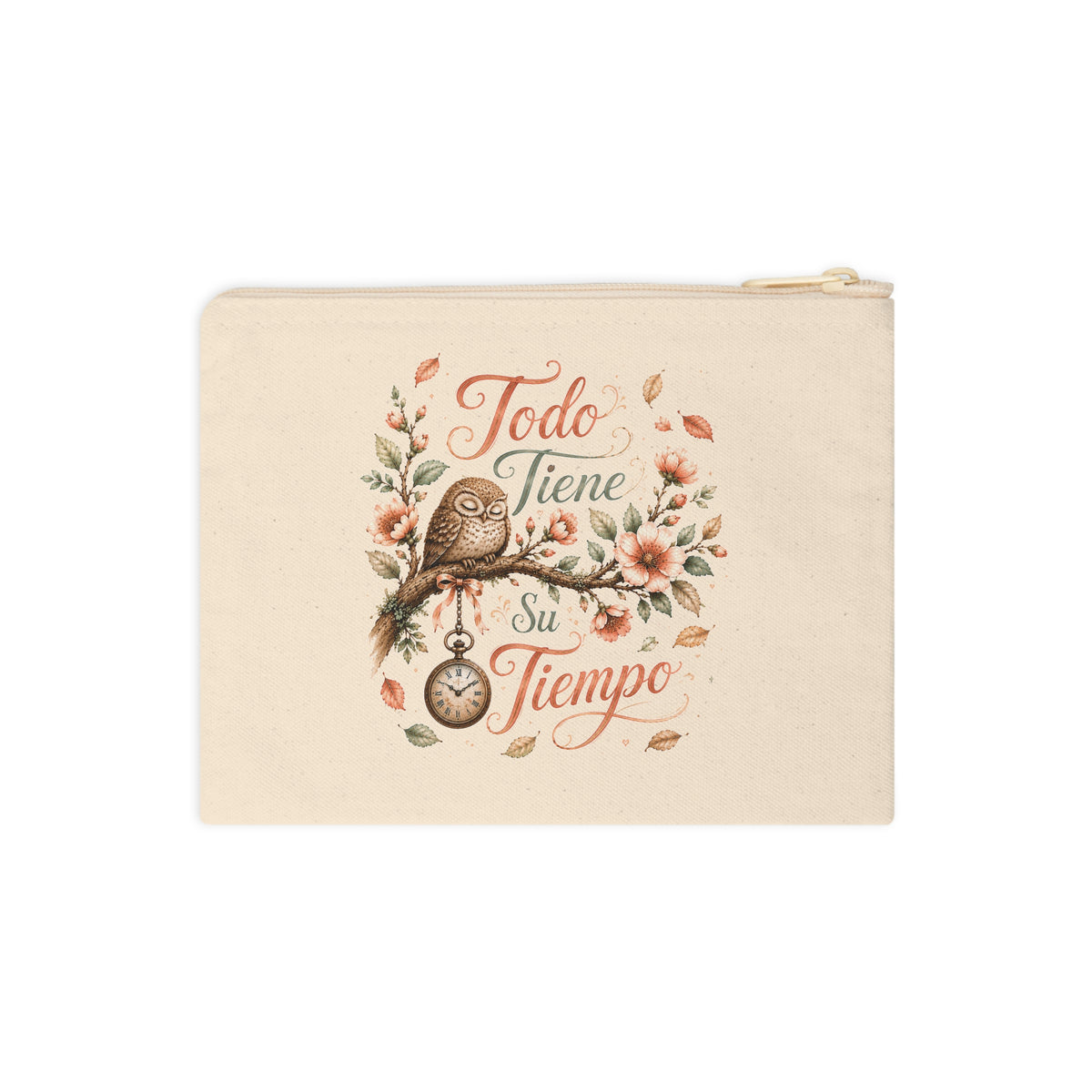 Front view of Todo Tiene Su Tiempo owl floral canvas pouch