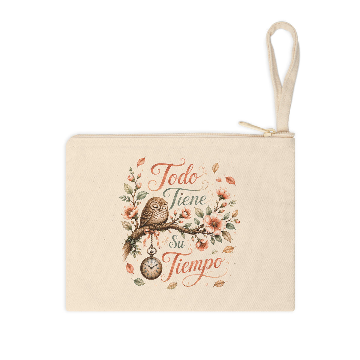 Todo Tiene Su Tiempo Spanish owl floral canvas wristlet pouch front view