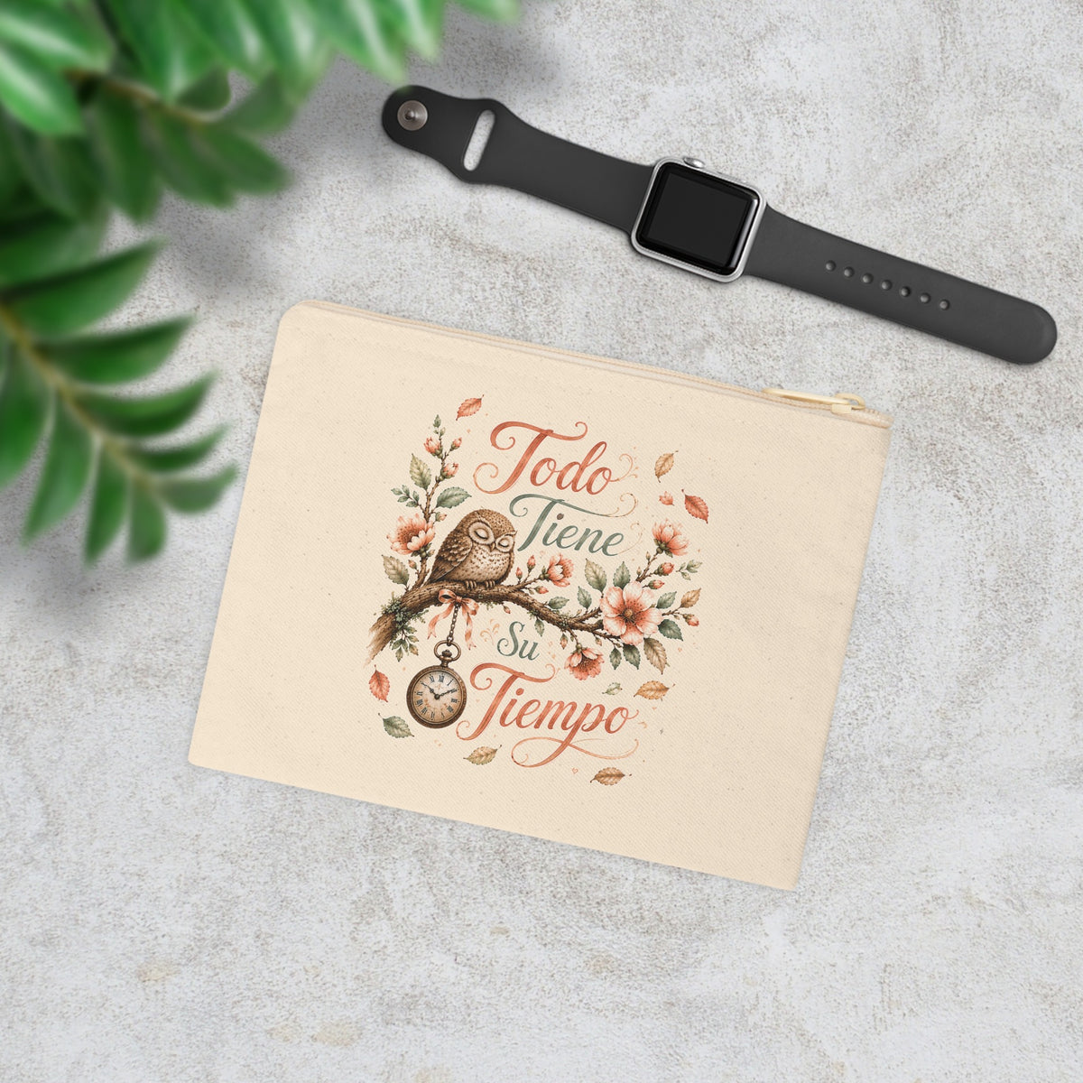 Todo Tiene Su Tiempo Spanish inspirational canvas pouch with owl and floral design