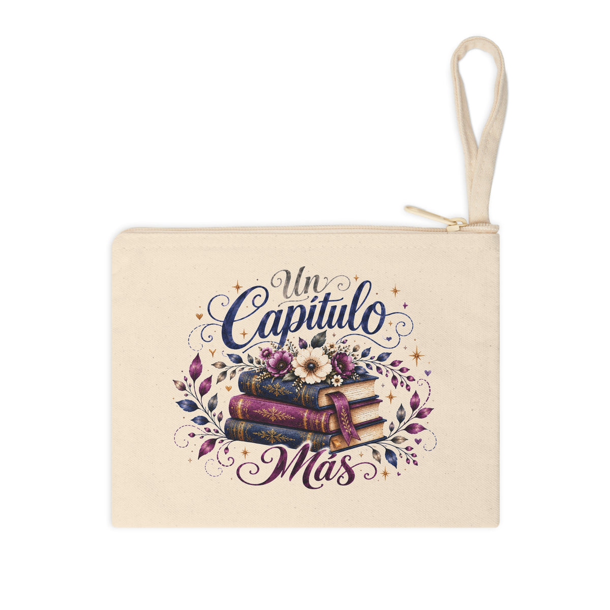 Front view of Un Capítulo Más canvas wristlet pouch featuring navy and plum books, cream flowers and botanical accents.