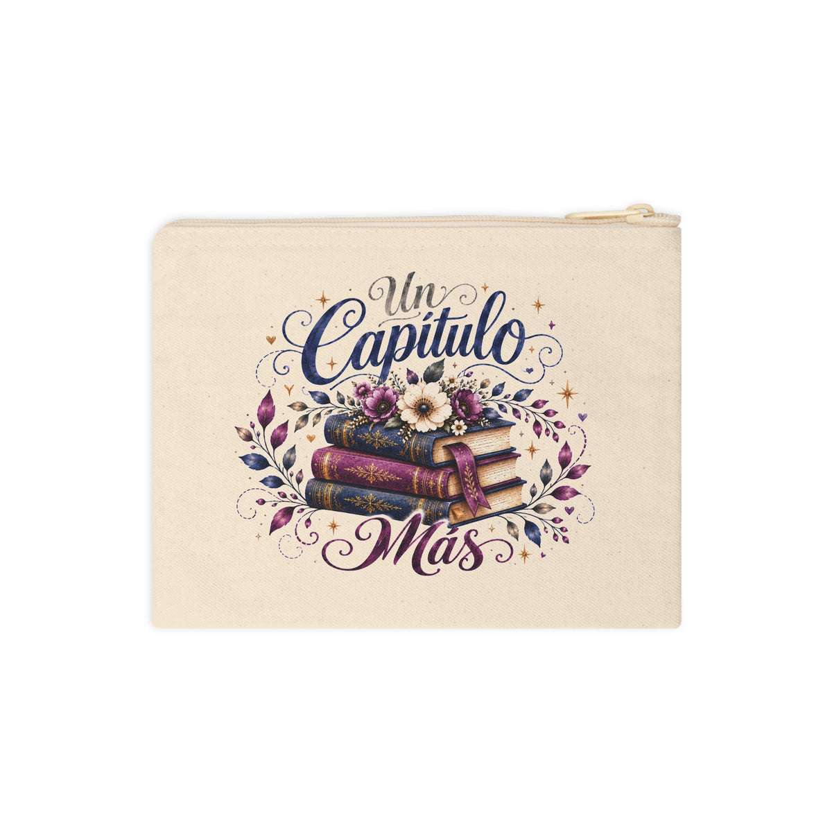 Front view of Un Capítulo Más canvas pouch with zipper, stacked vintage books, flowers, leaves and decorative stars.