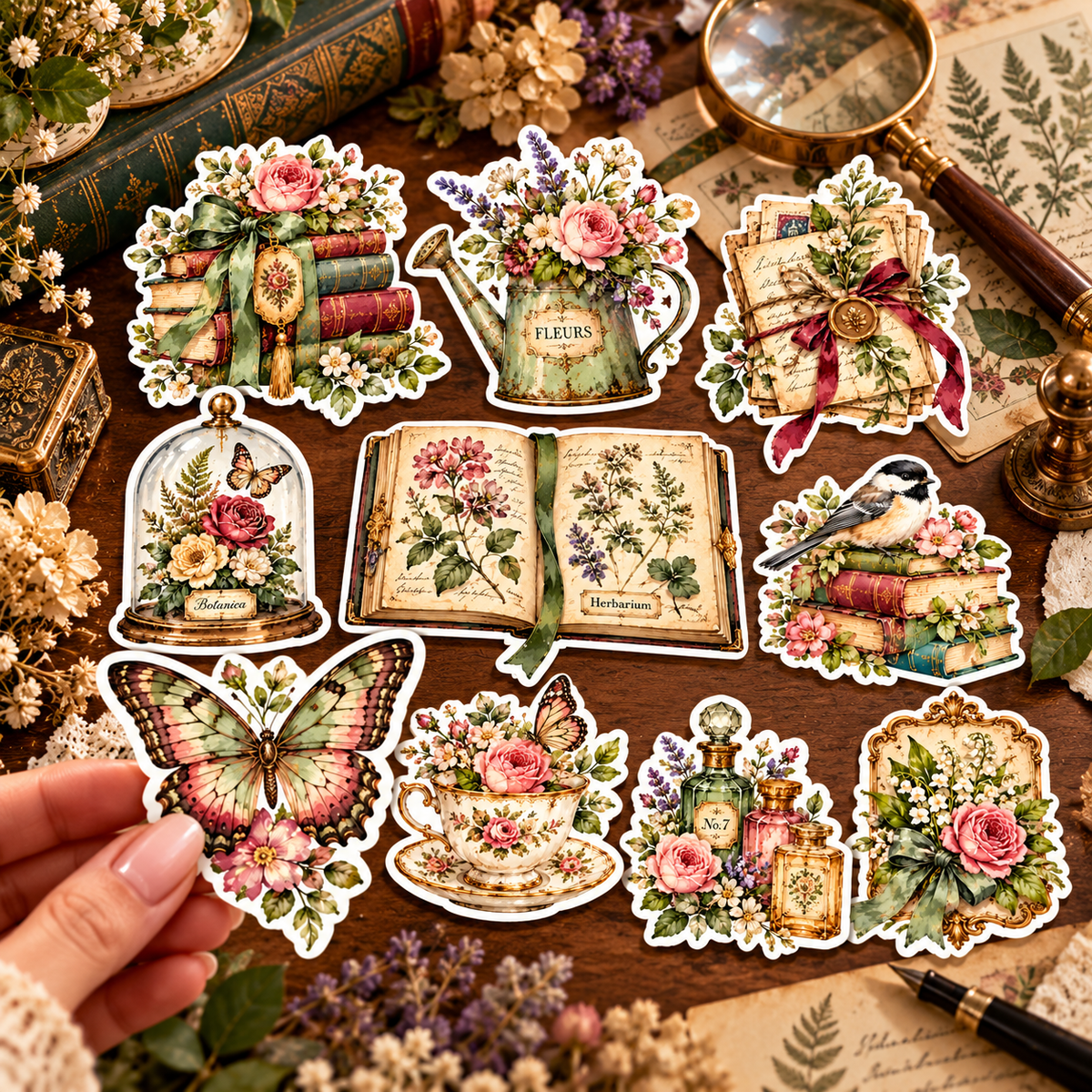 Butterfly sticker held by hand with other botanical stickers