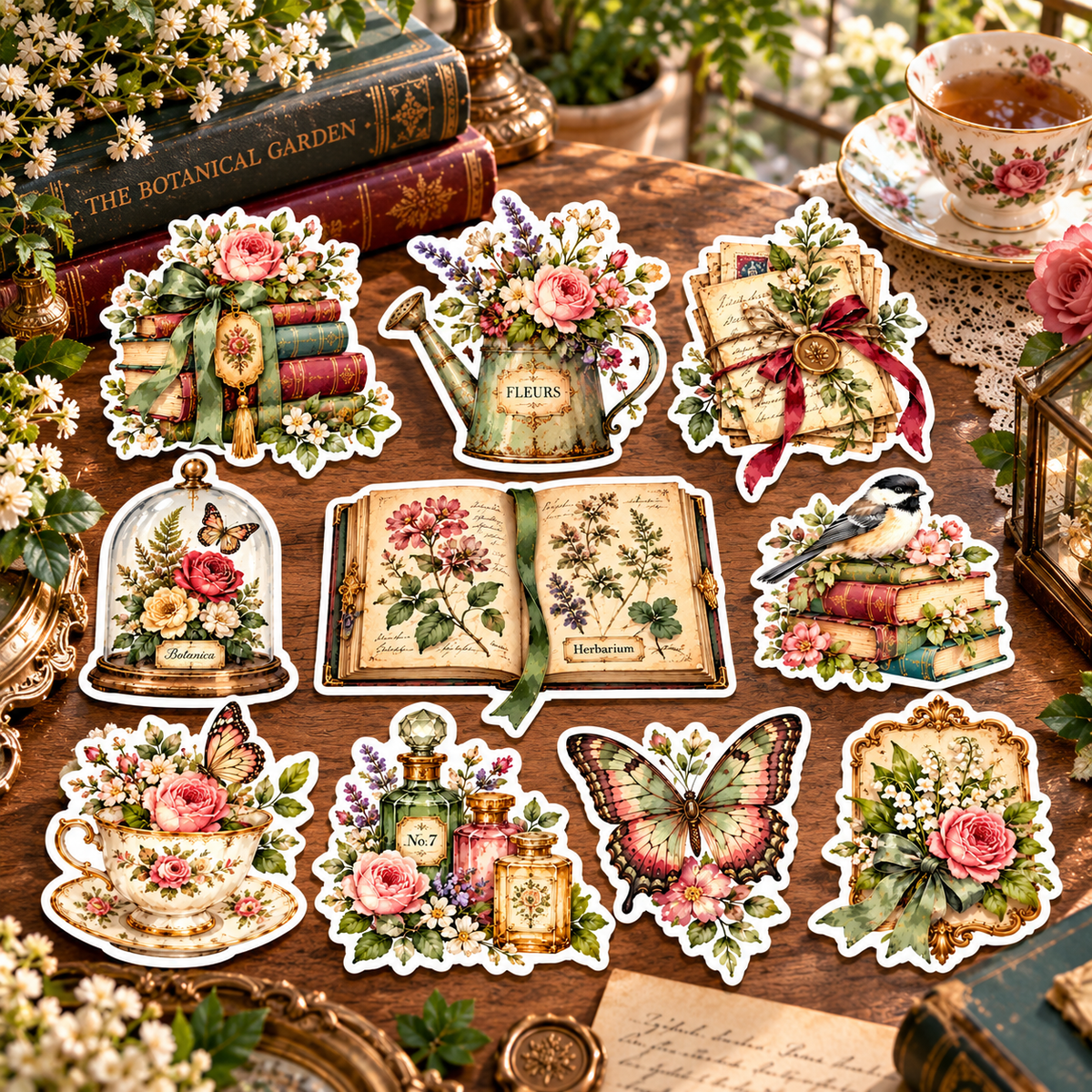 Ten Victorian botanical stickers in conservatory