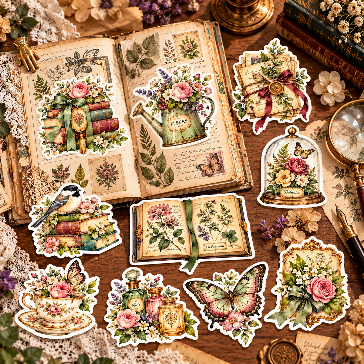 Victorian botanical stickers in vintage junk journal setting