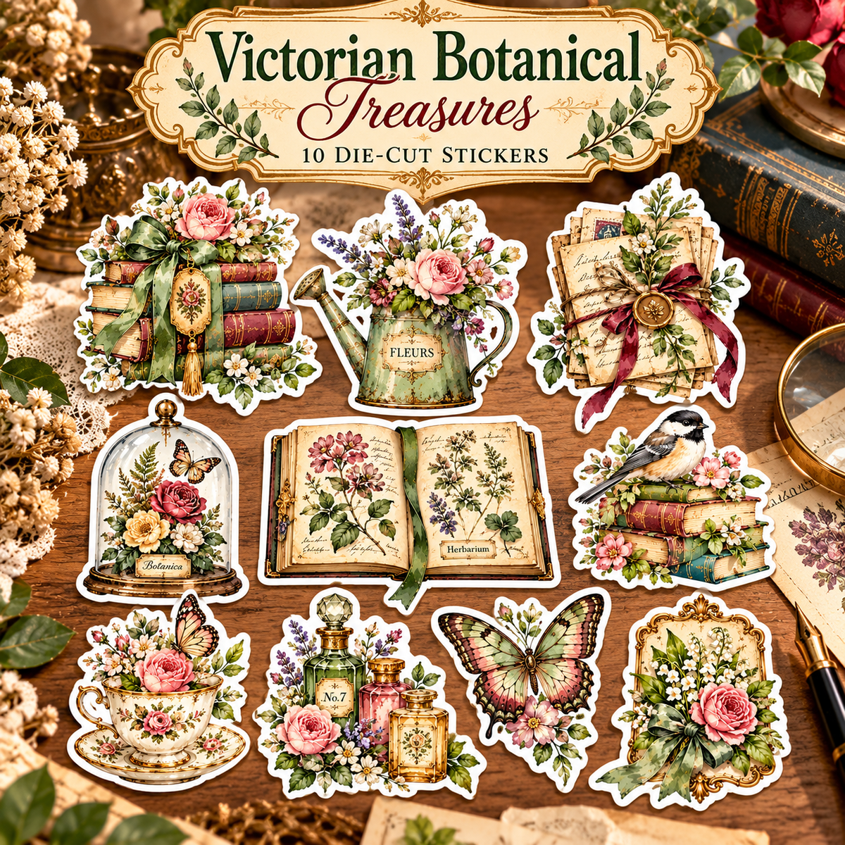 Victorian Botanical Treasures square cover with ten die-cut stickers