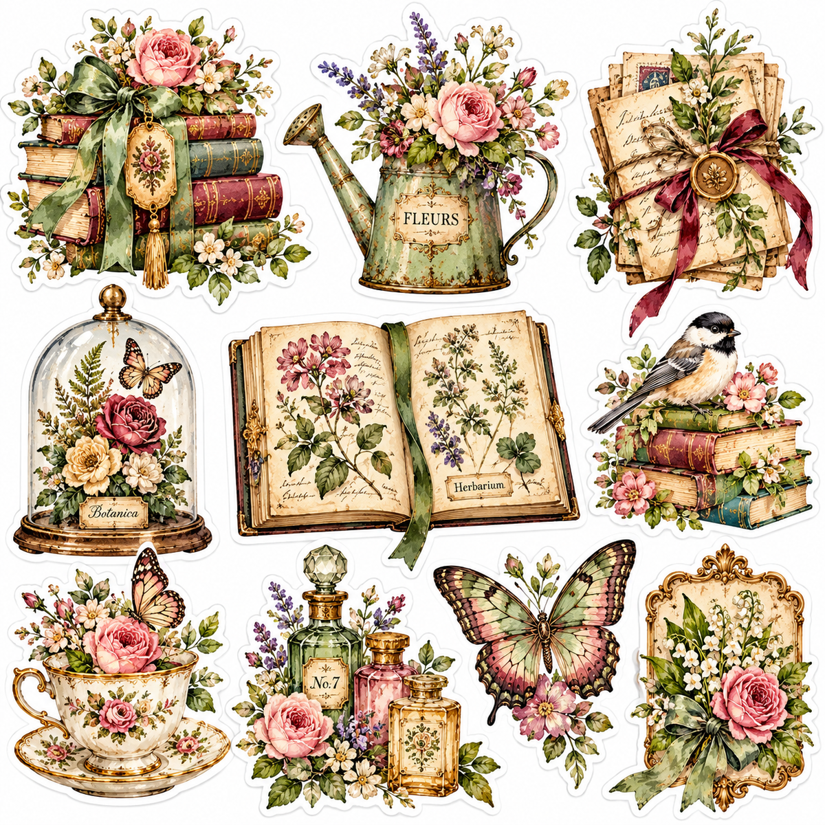 Ten original Victorian Botanical Treasures watercolor stickers on white