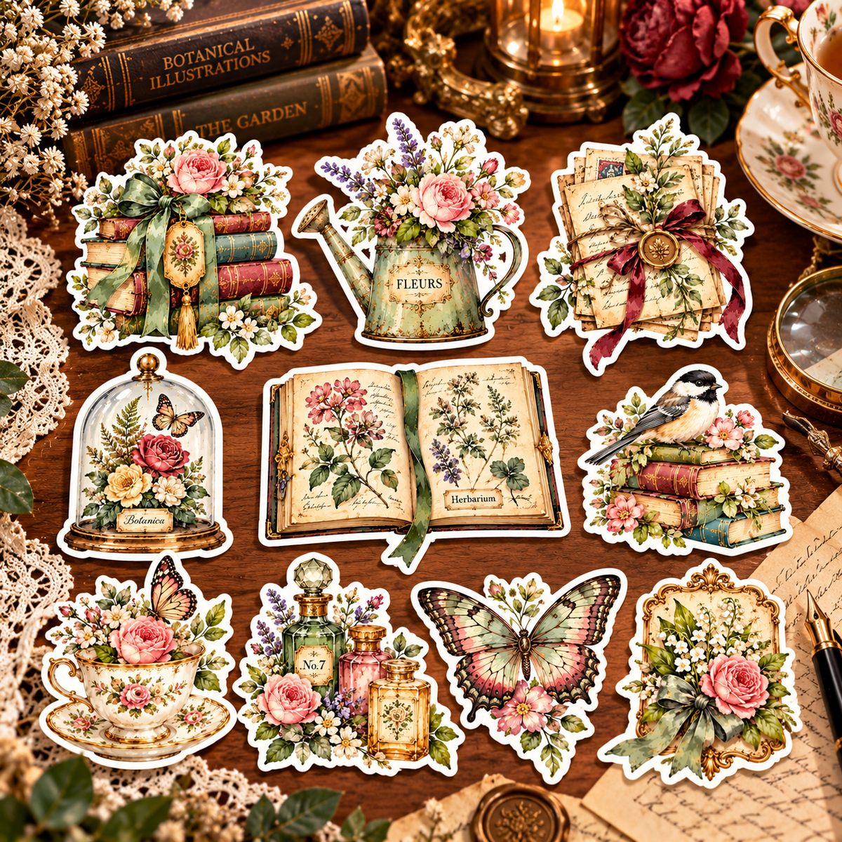 Ten Victorian botanical stickers on antique writing desk
