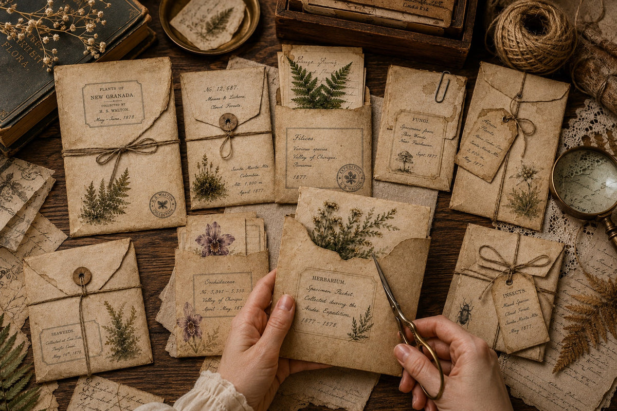 Victorian Naturalist Archives vintage botanical envelope and pocket ephemera mockup