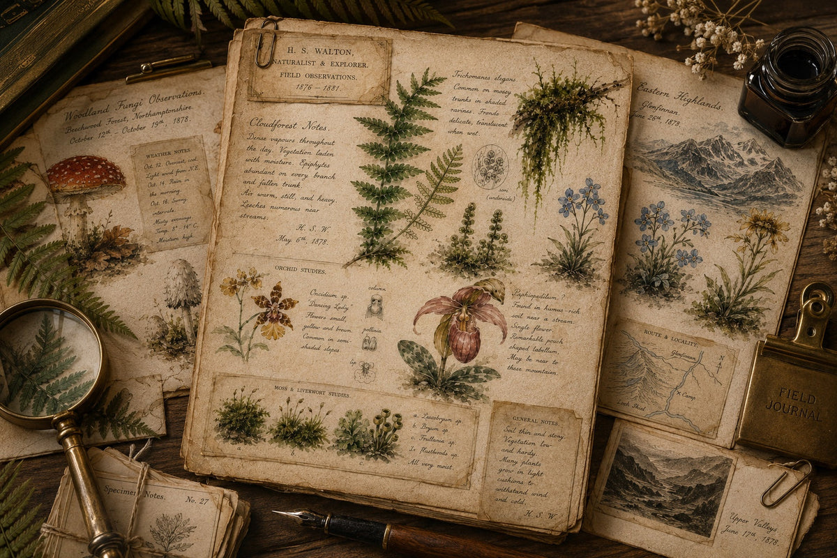 Victorian Naturalist Archives layered botanical field journal pages mockup