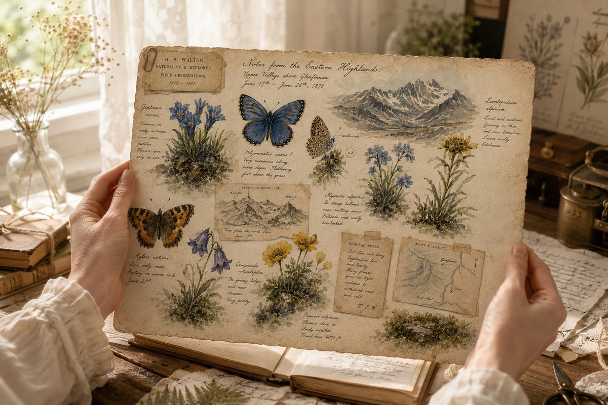 Victorian Naturalist Archives butterfly and wildflower printed journal page mockup