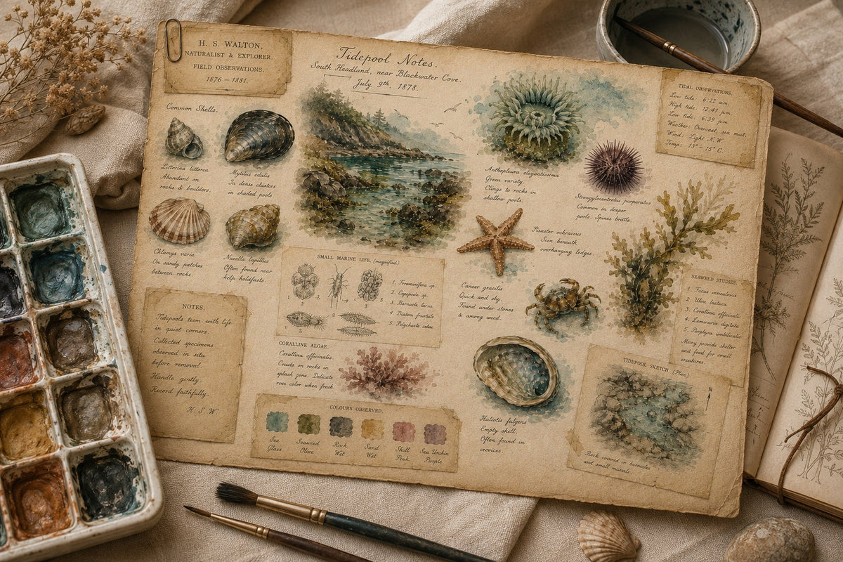 Victorian Naturalist Archives tidepool naturalist study page with watercolor supplies