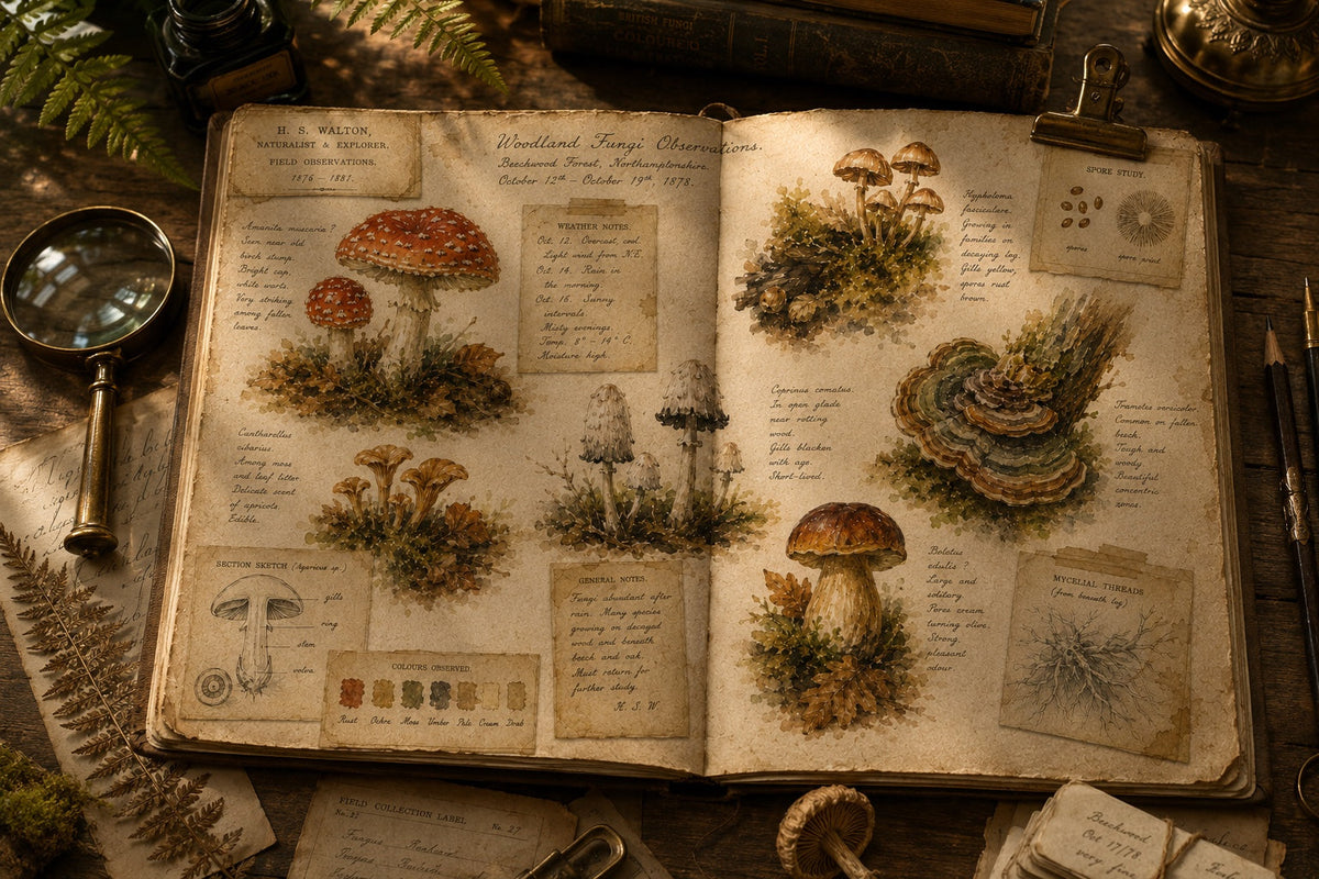 Victorian Naturalist Archives woodland fungi journal page lifestyle mockup
