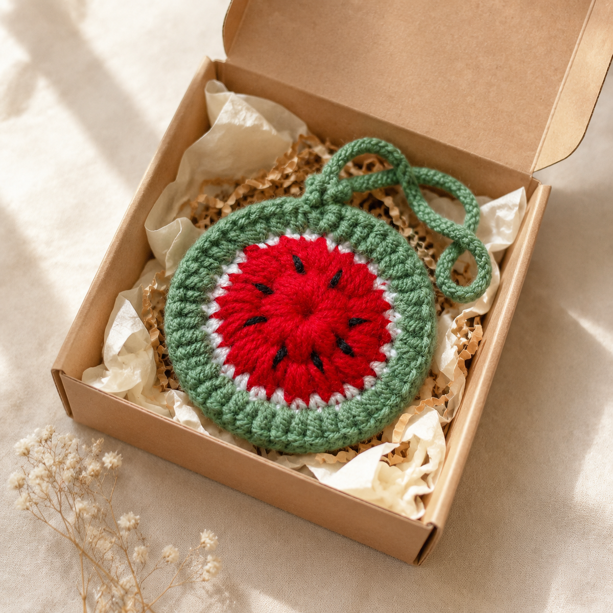 Handmade crochet watermelon mini pouch in kraft gift packaging