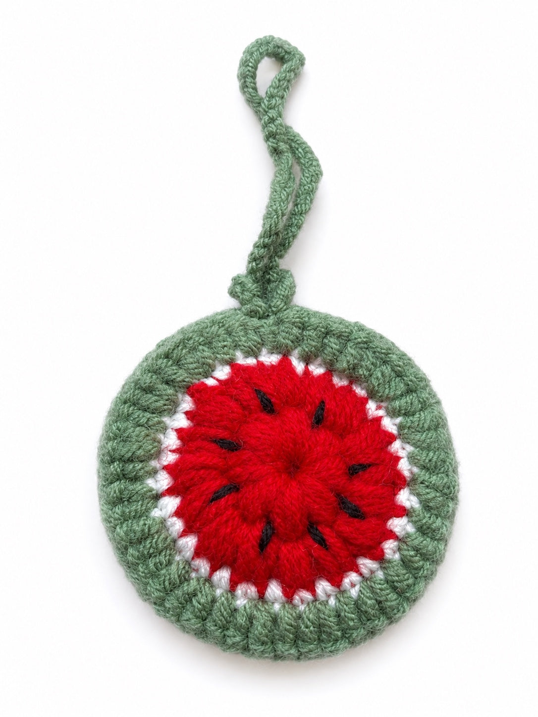 Handmade crochet watermelon mini pouch on a white background