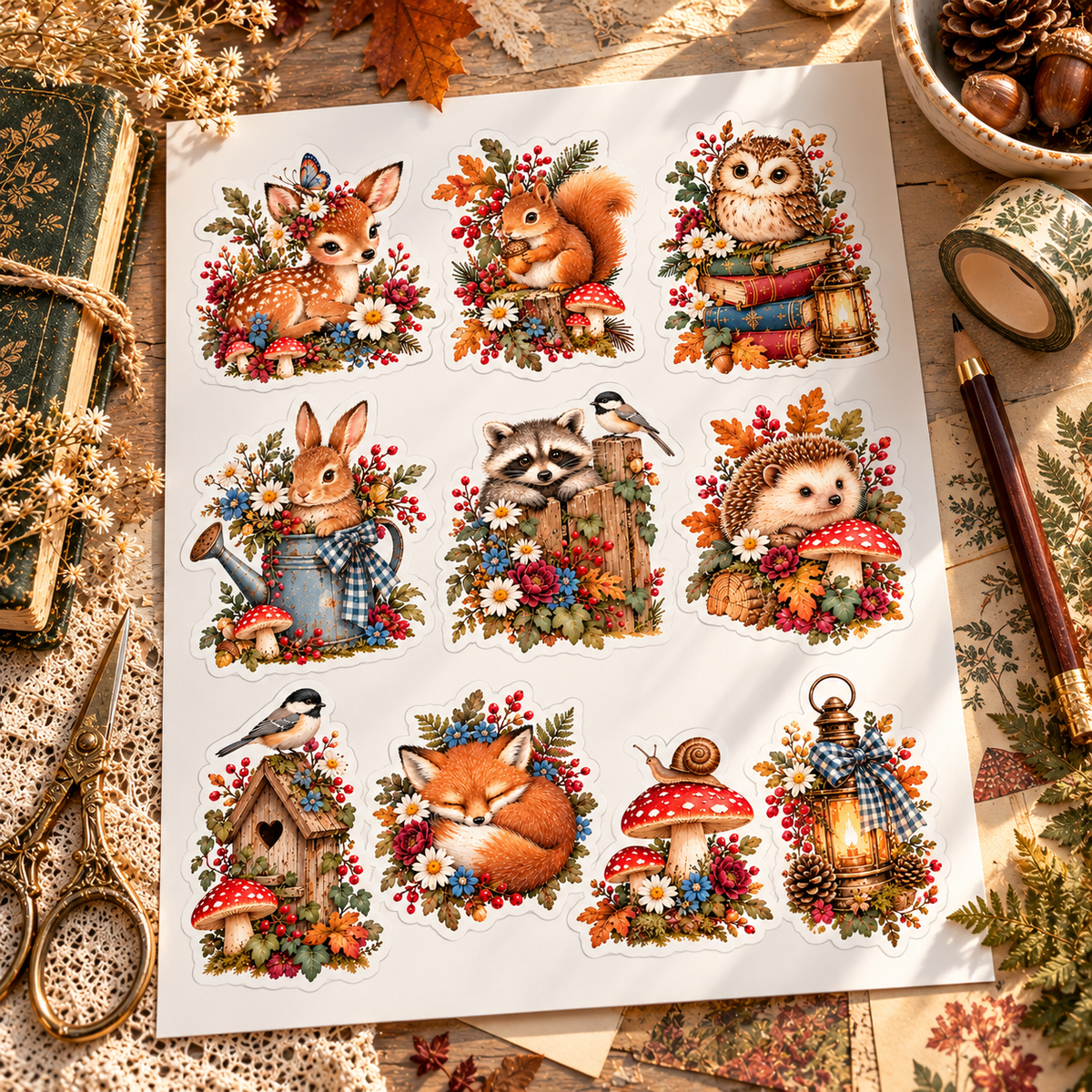 Whimsical Woodland Friends full ten-sticker sheet on an autumn papercrafting desk