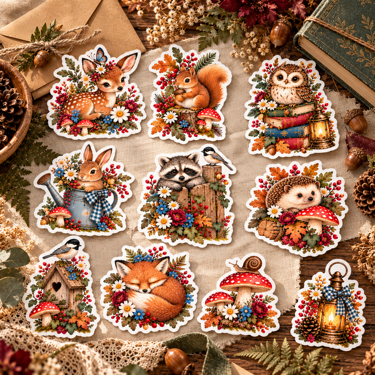 Whimsical Woodland Friends individual watercolor die-cut stickers on linen with kraft envelope and moss green journal