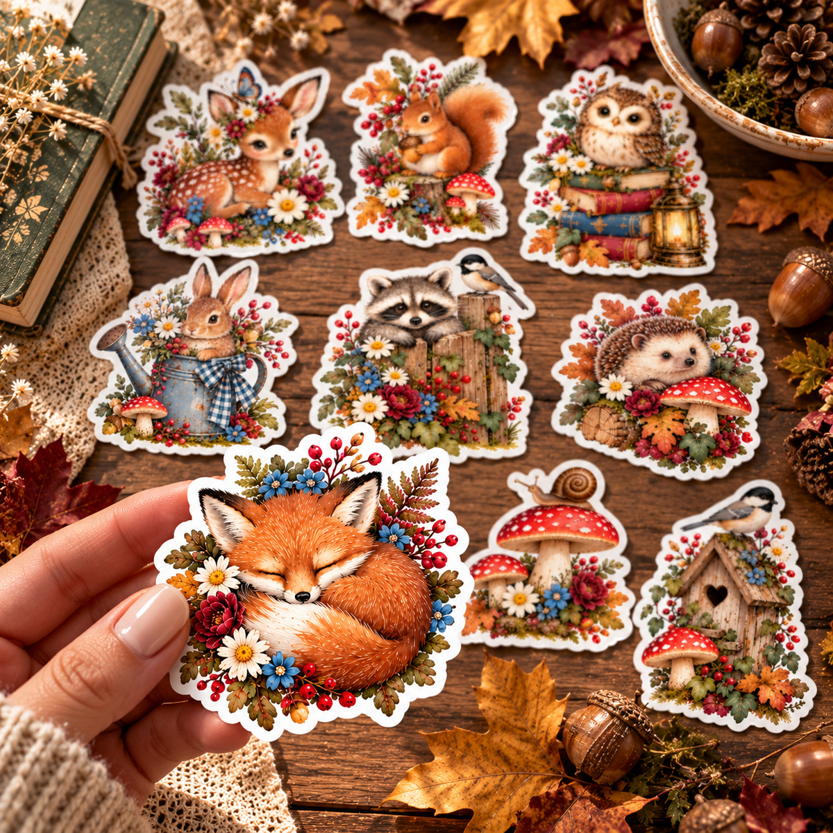 Hand holding an individually die-cut sleeping fox sticker with the remaining woodland designs arranged on rustic wood