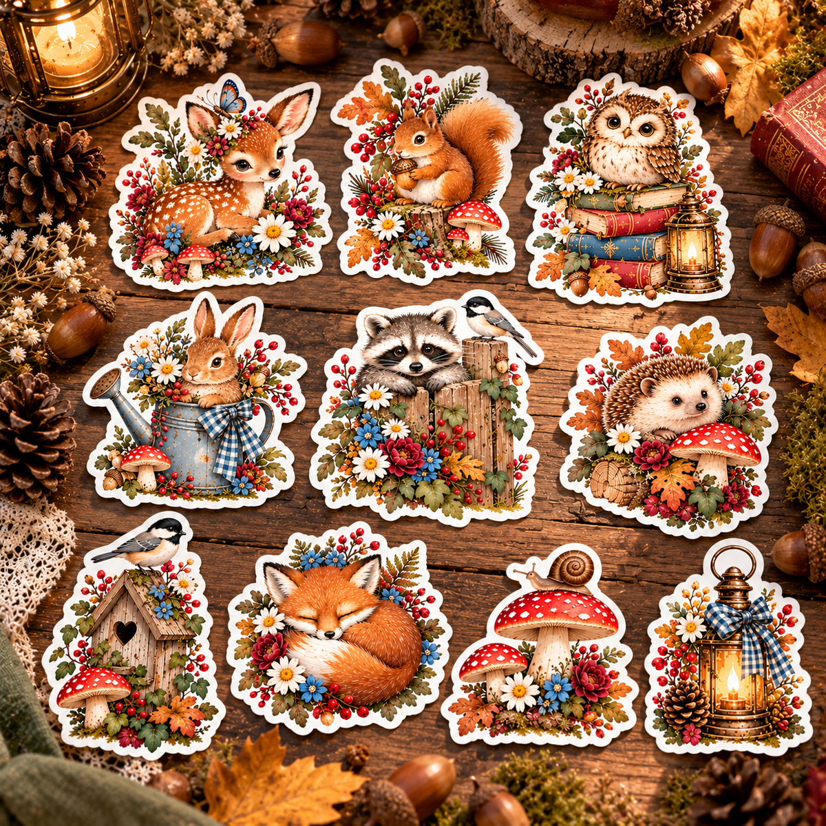 Whimsical Woodland Friends ten individually die-cut stickers on a rustic oak table with acorns and pinecones