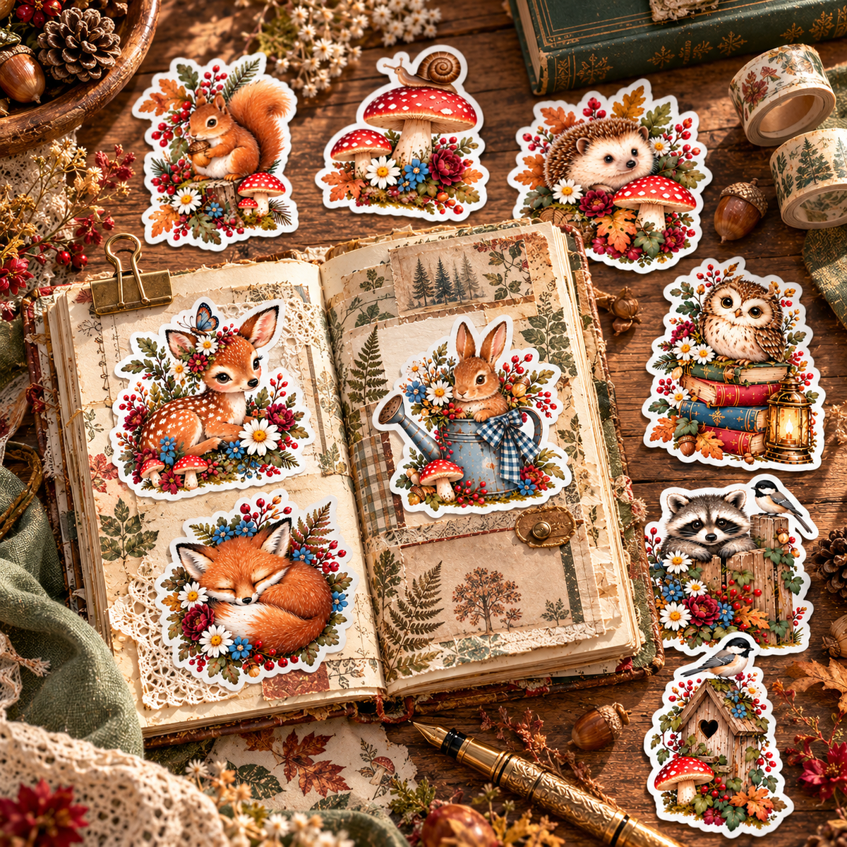 Whimsical Woodland Friends fawn fox and rabbit die-cut stickers applied to a vintage handmade junk journal