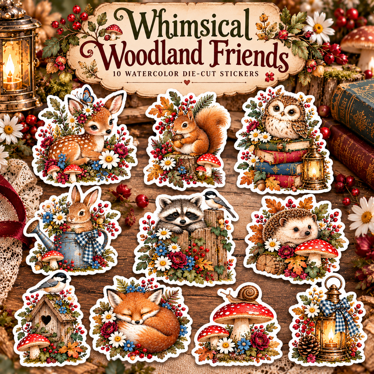 Whimsical Woodland Friends square sticker collection cover showing all ten cottagecore watercolor designs
