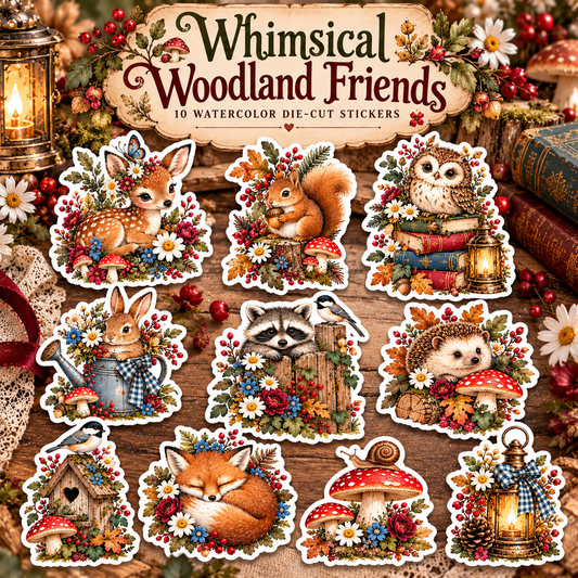 Whimsical Woodland Friends square sticker collection cover showing all ten cottagecore watercolor designs