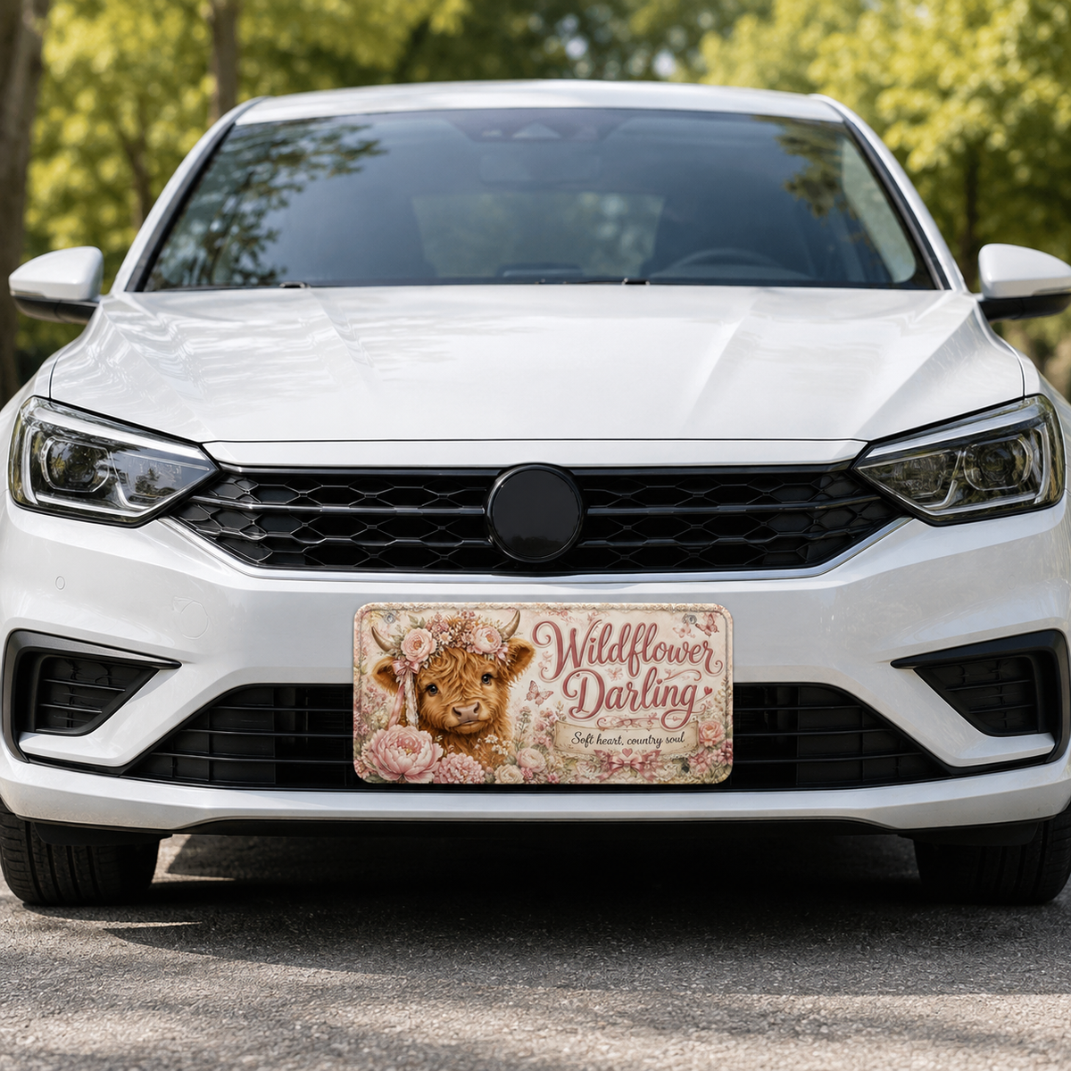 Wildflower Darling decorative Highland cow license plate on a white car