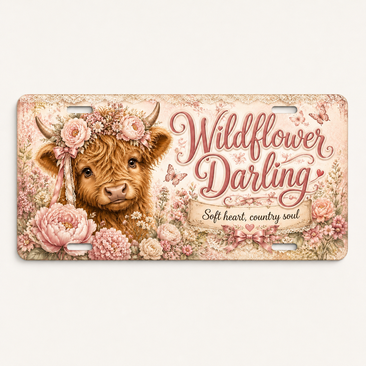 Wildflower Darling decorative Highland cow license plate, Soft heart country soul