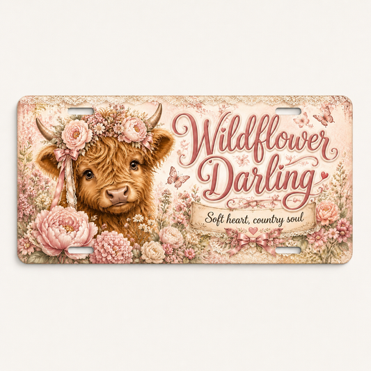 Wildflower Darling decorative Highland cow license plate, Soft heart country soul