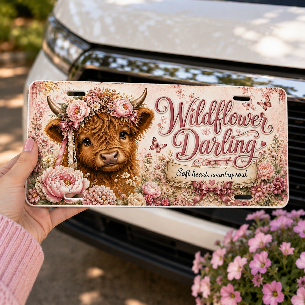 Wildflower Darling decorative Highland cow license plate held for size reference