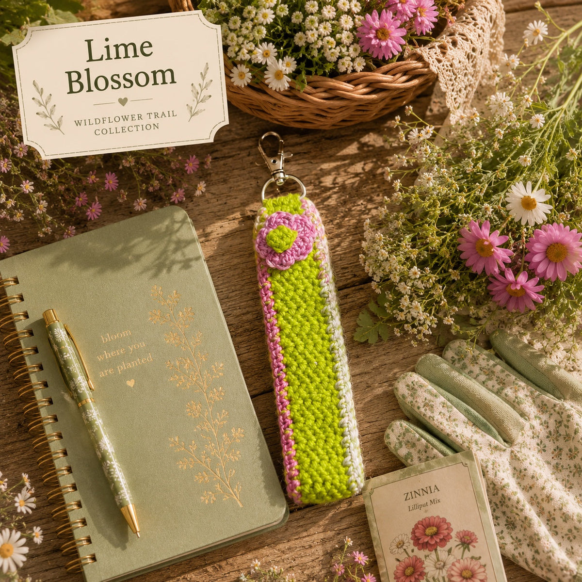 Lime Blossom crochet floral wristlet keychain from the Wildflower Trail Collection
