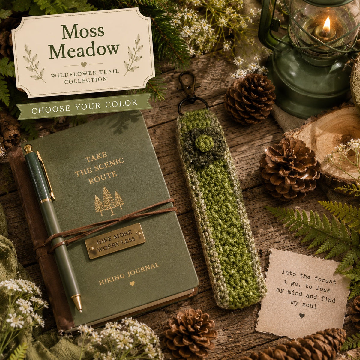 Moss Meadow crochet floral wristlet keychain from the Wildflower Trail Collection
