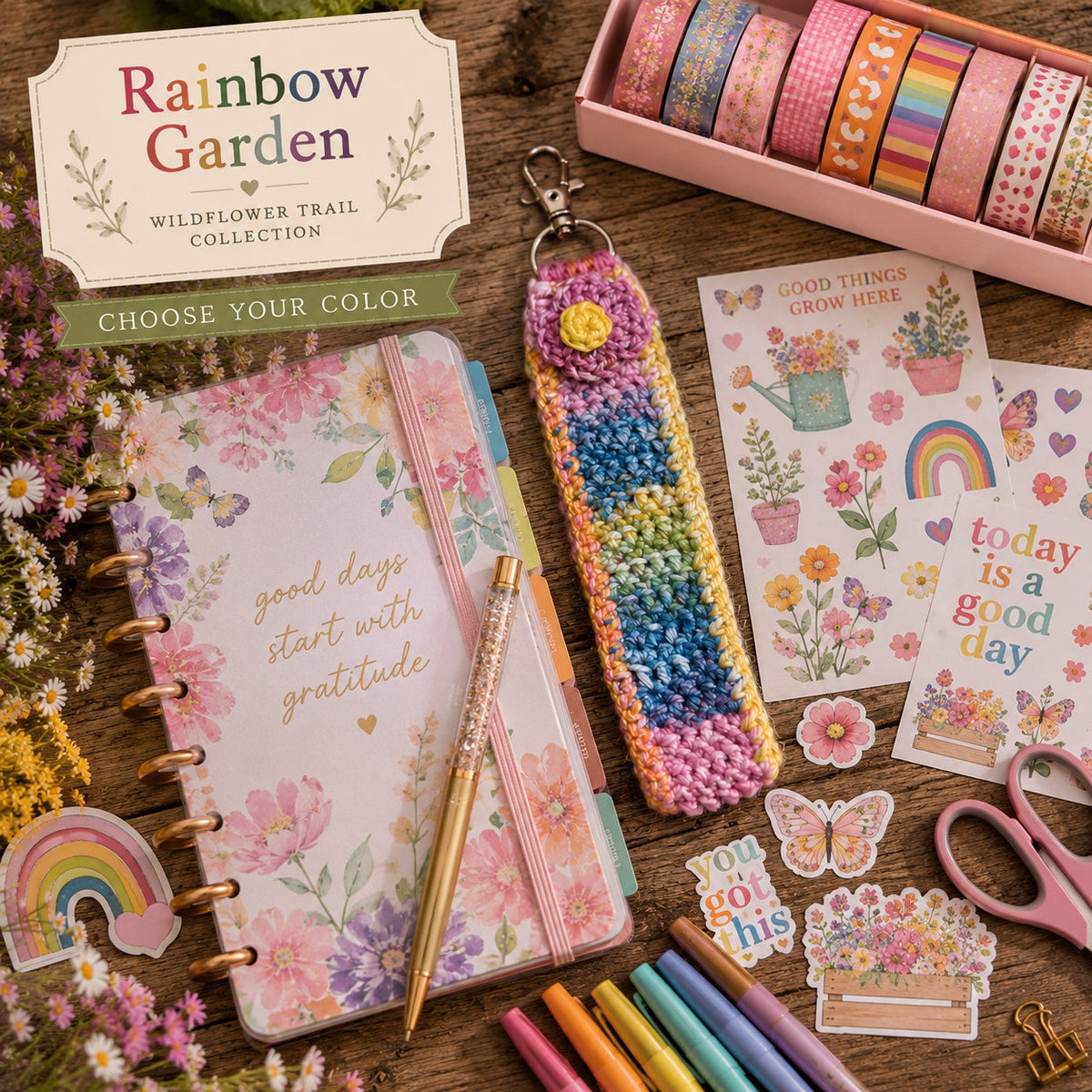 Rainbow Garden crochet floral wristlet keychain from the Wildflower Trail Collection