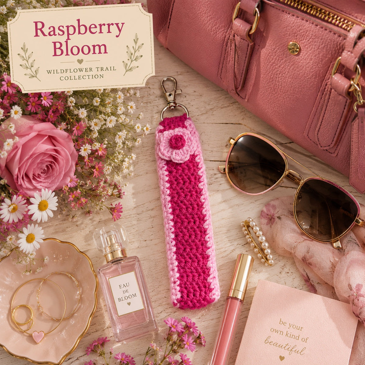 Raspberry Bloom crochet floral wristlet keychain from the Wildflower Trail Collection