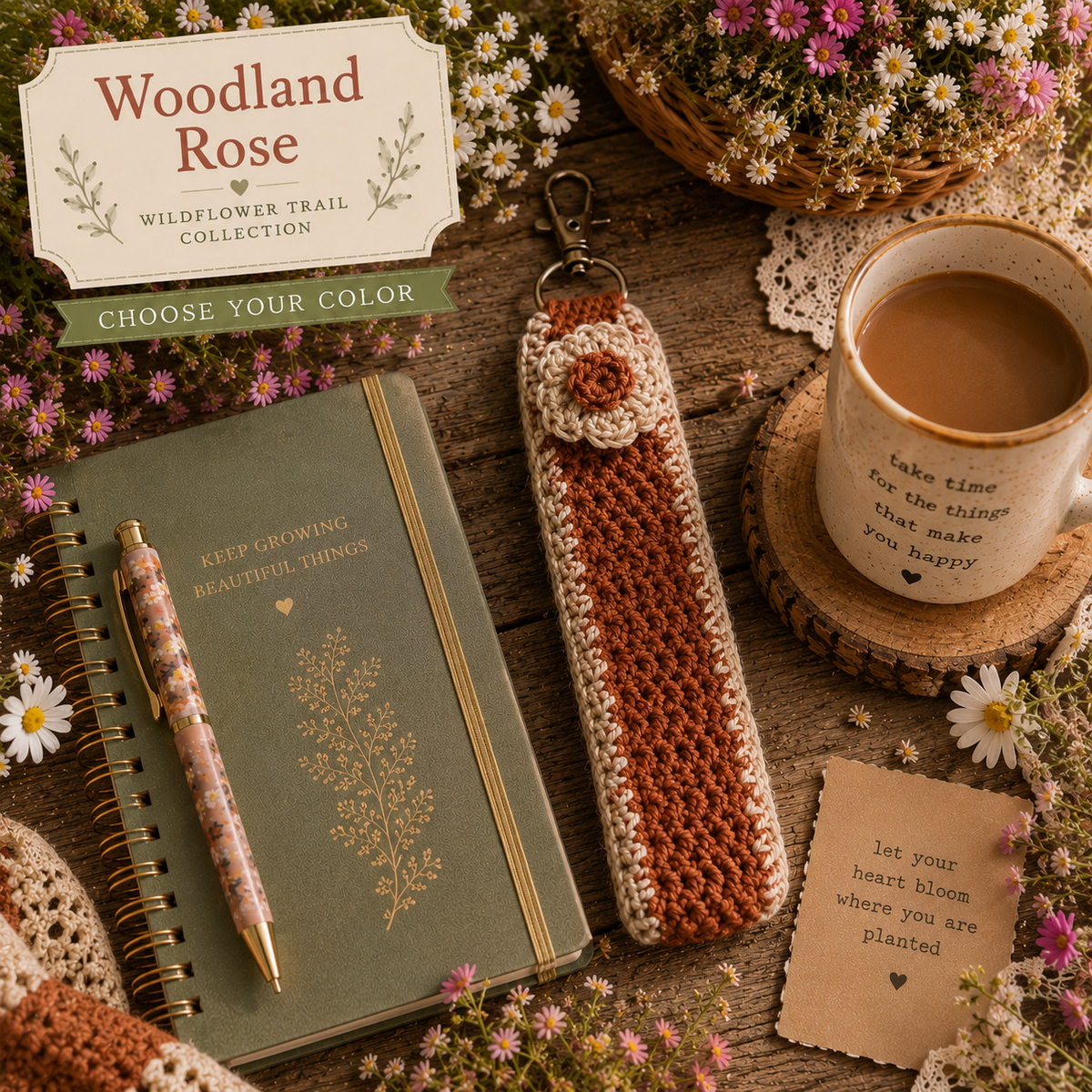 Woodland Rose sienna crochet floral wristlet keychain from the Wildflower Trail Collection