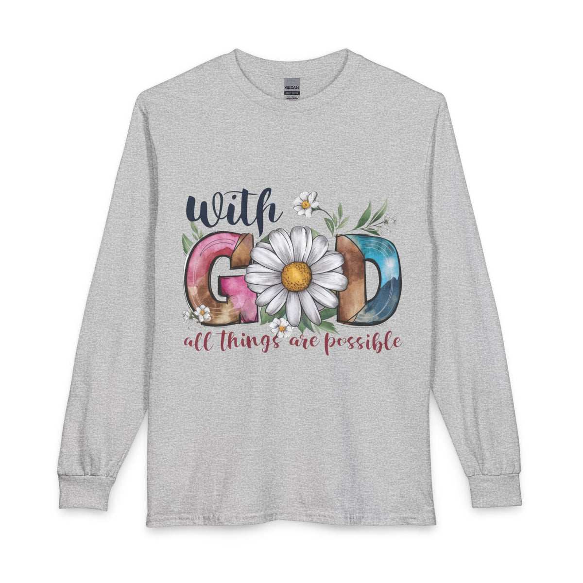 With God All Things Are Possible floral Christian long sleeve shirt in sport gray