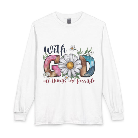 With God All Things Are Possible floral Christian long sleeve shirt in white