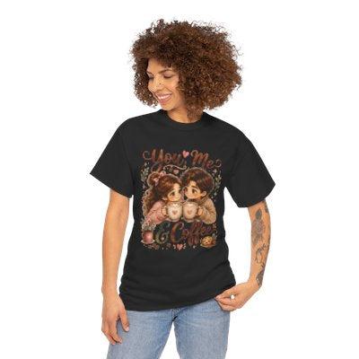 Model wearing You Me and Coffee T-shirt in black