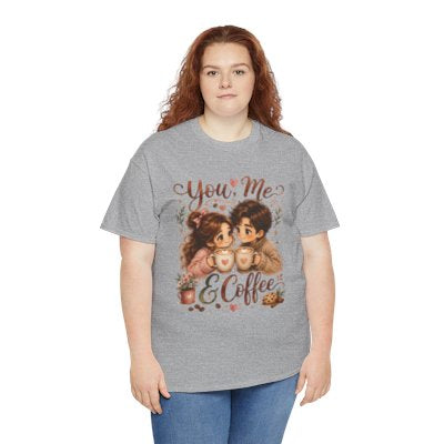 Model wearing You Me and Coffee T-shirt in sport gray