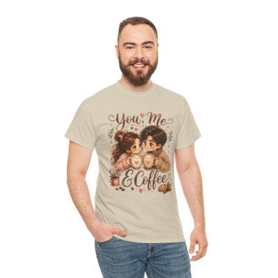 Model wearing You Me and Coffee T-shirt in sand