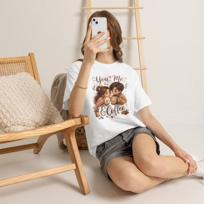 Lifestyle mockup of You Me and Coffee T-shirt in white